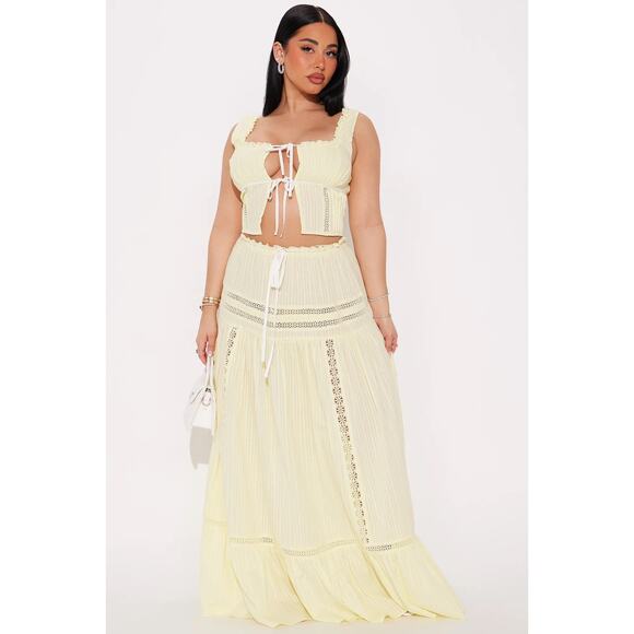 Fashion Nova NWT Butter Yellow Two Piece Maxi Skirt Crop Top Size Medium Indie - Picture 3 of 8